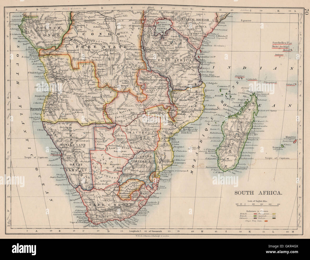 Le sud de l'Afrique coloniale. Allemand, Anglais et portugais/français. JOHNSTON, 1895 map Banque D'Images