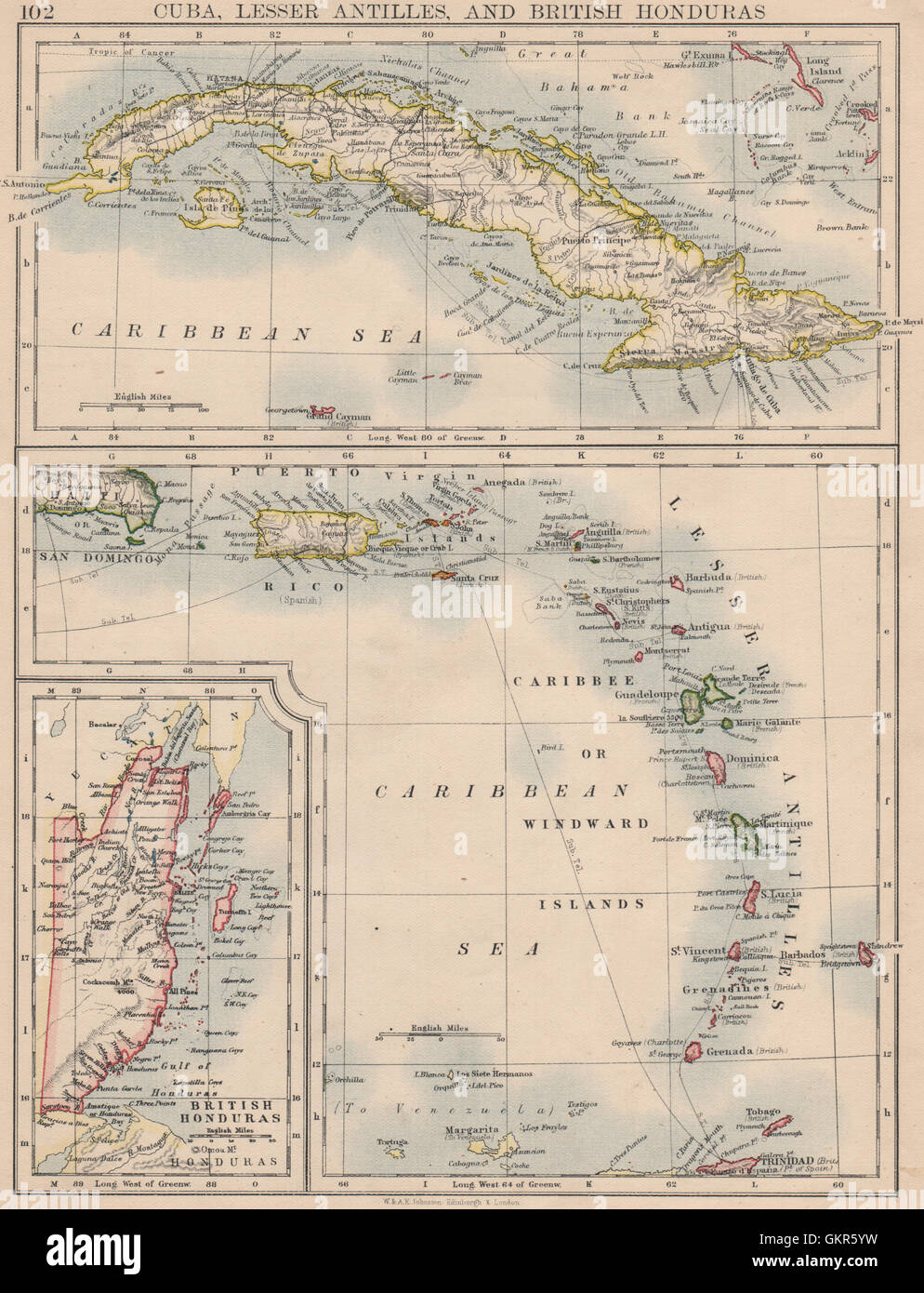 Îles des Caraïbes.Cuba Honduras britannique Caribbee/Windward. JOHNSTON, 1895 map Banque D'Images
