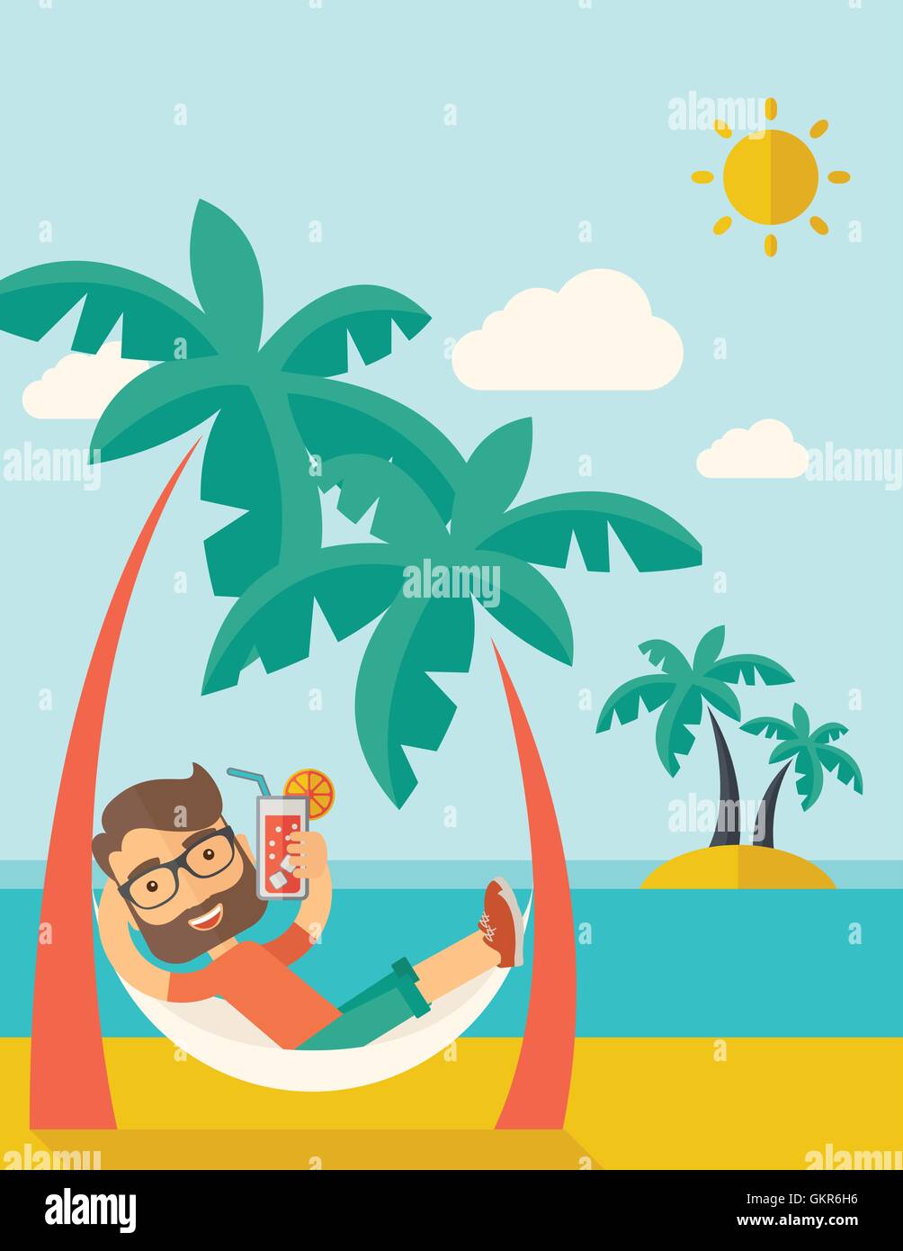 Jeune homme sur la plage e cocktail et relaxant. Illustration de Vecteur