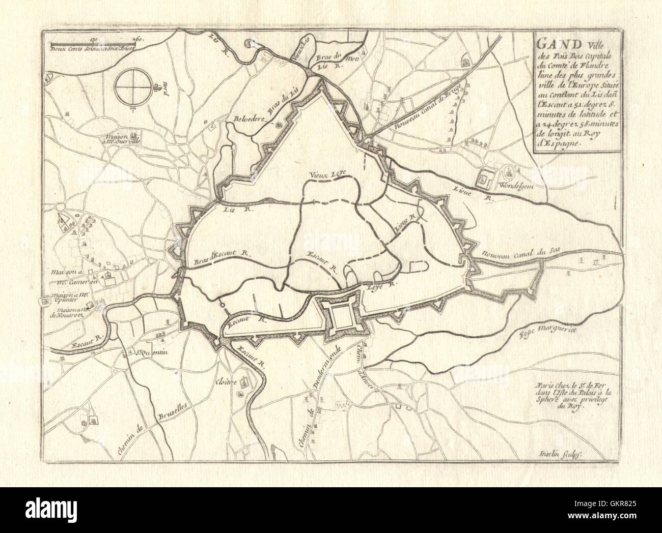 'Gand'. Gand. Plan de ville et fortifications. La Belgique. DE FER, 1705 La carte Banque D'Images
