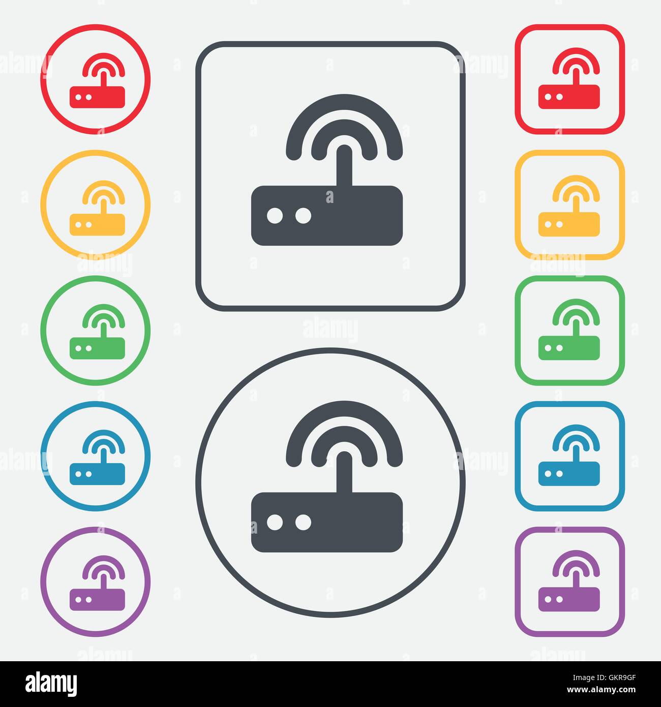 L'icône du routeur wi fi signe. symbole sur le boutons ronds et carrés avec le bâti. Vector Illustration de Vecteur