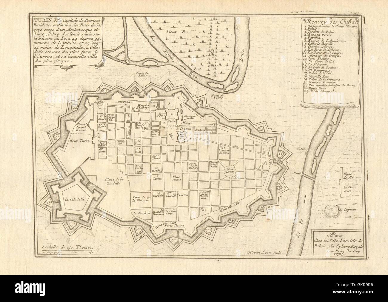 'Turin'. Torino. Plan de ville et fortifications. L'Italie. DE FER, 1705 La carte Banque D'Images