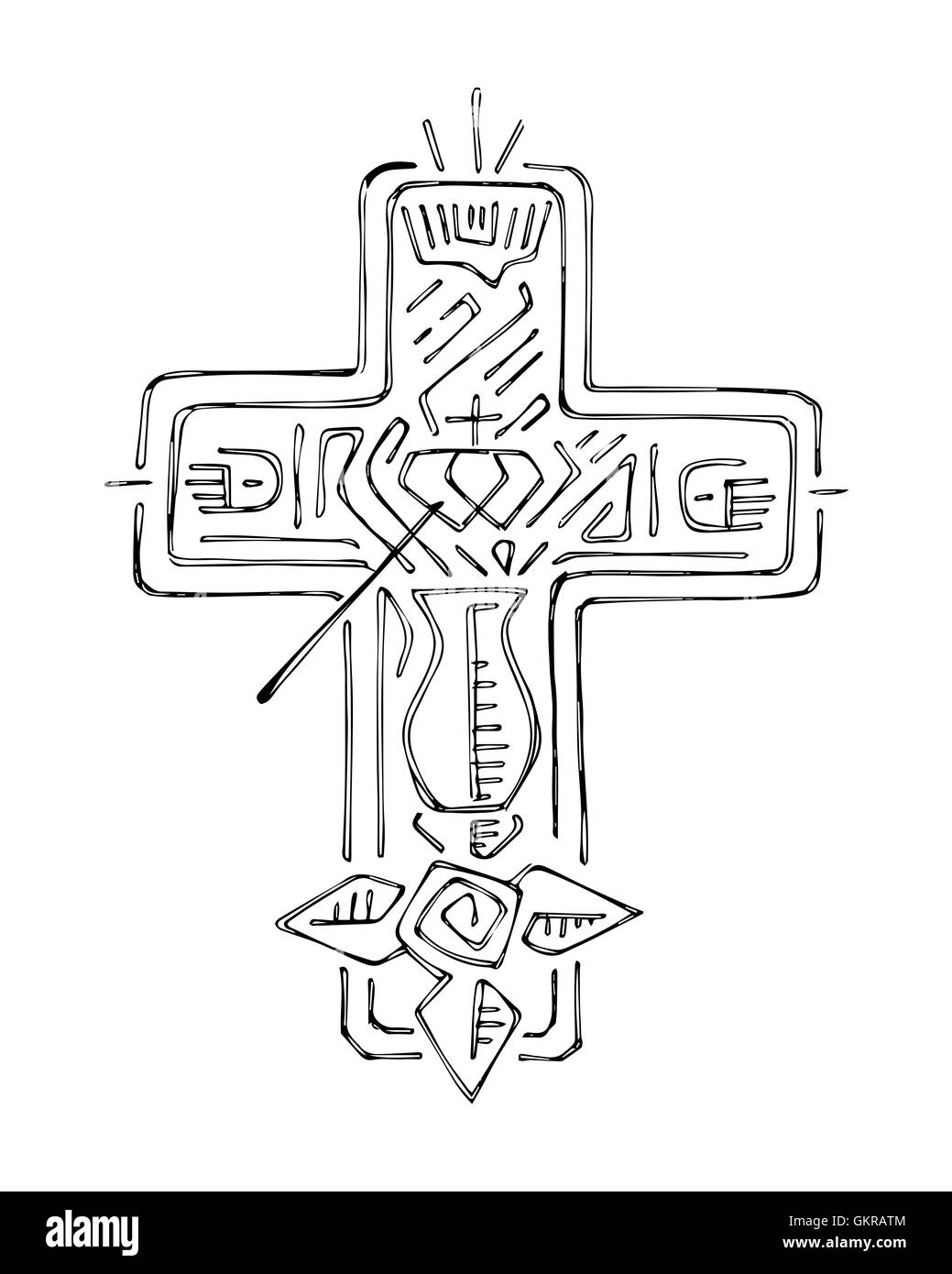 Hand drawn vector illustration ou dessin d'une croix, avec différents symboles religieux, Banque D'Images