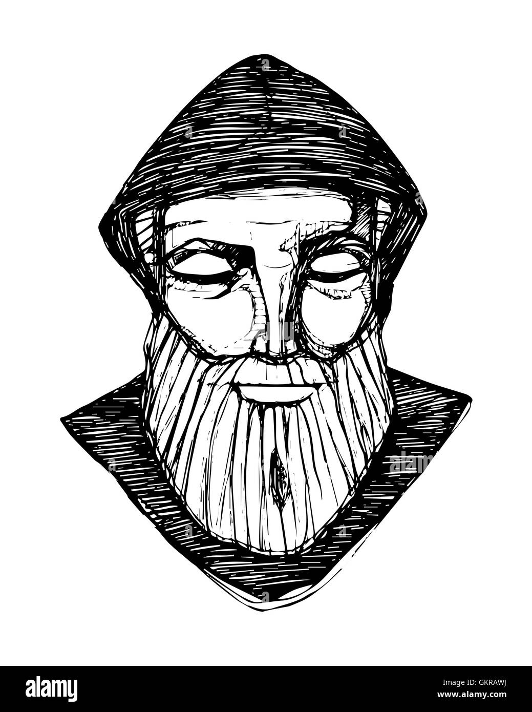 Hand drawn vector illustration ou dessin d'un moine en méditation Banque D'Images