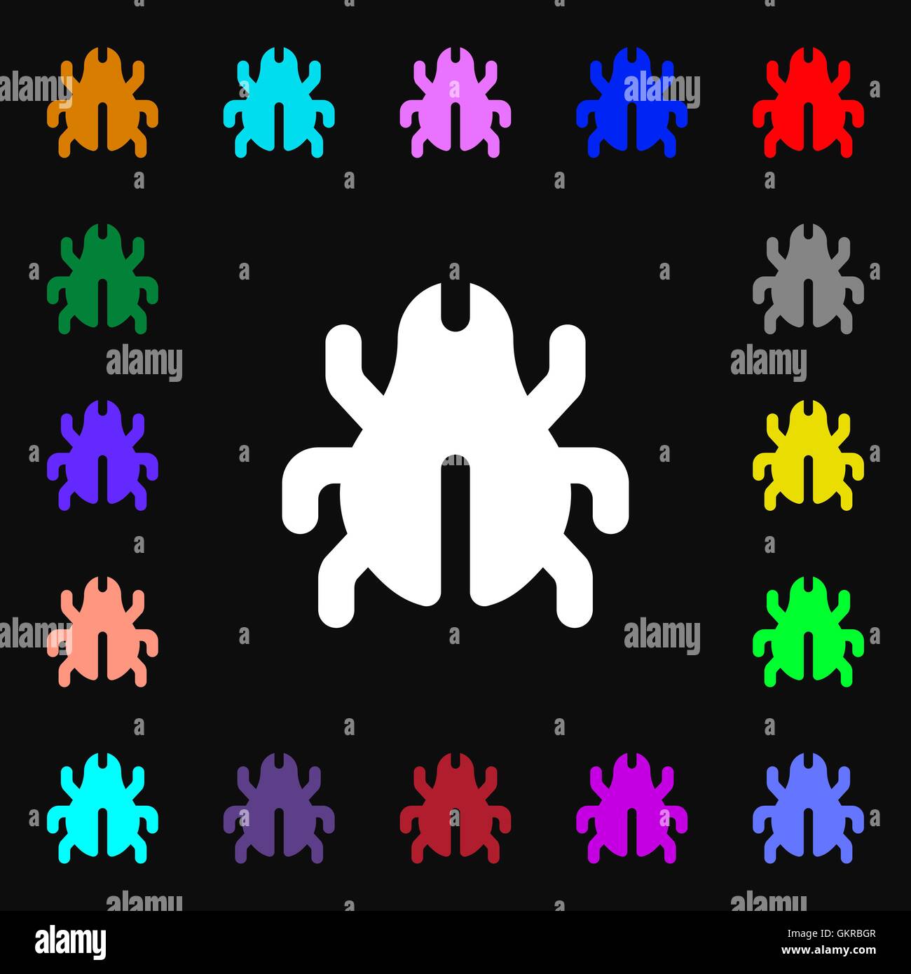 Bug logiciel, virus, la désinfection, l'icône du signe. Beaucoup de symboles colorés pour votre conception. Vector Illustration de Vecteur