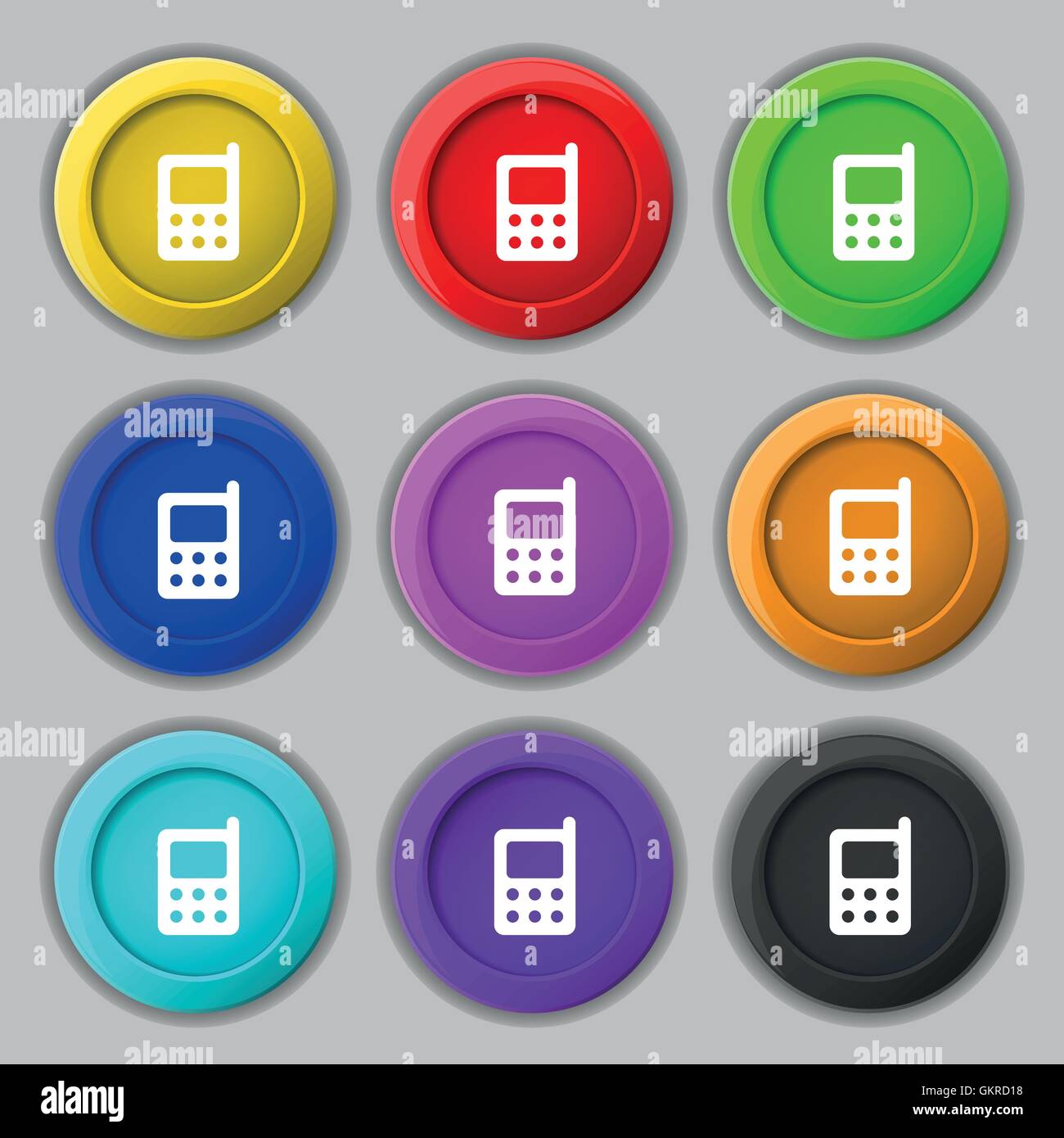 L'icône de téléphone mobile signe. symbole sur neuf boutons colorés. Vector Illustration de Vecteur