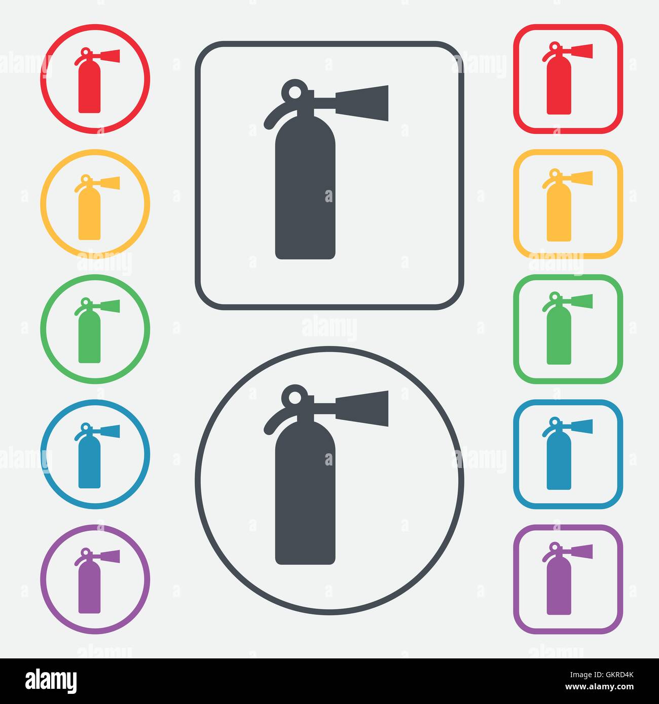 L'icône de l'extincteur. signe symbole sur le boutons ronds et carrés avec le bâti. Vector Illustration de Vecteur