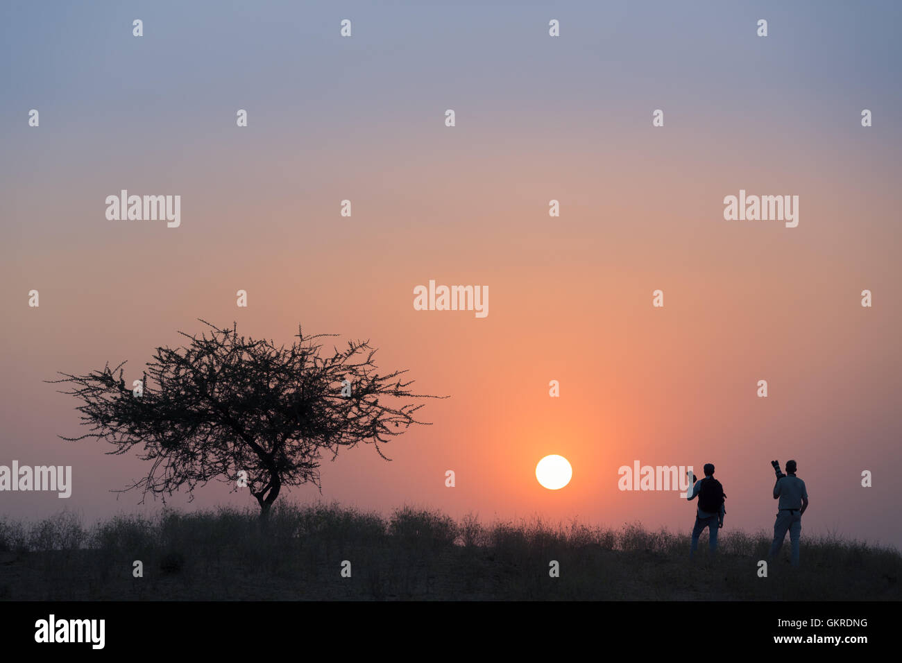 Deux photographes à regarder le coucher du soleil, Pushkar, Rajasthan, India Banque D'Images