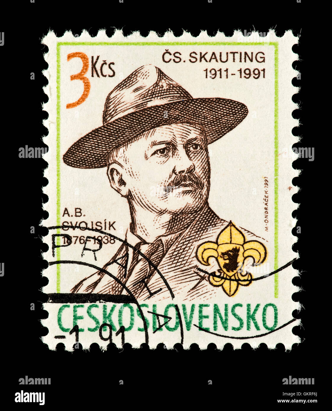 Timbre-poste de la Tchécoslovaquie représentant A. B. Svojsik tchèque, fondateur du Scoutisme. Banque D'Images