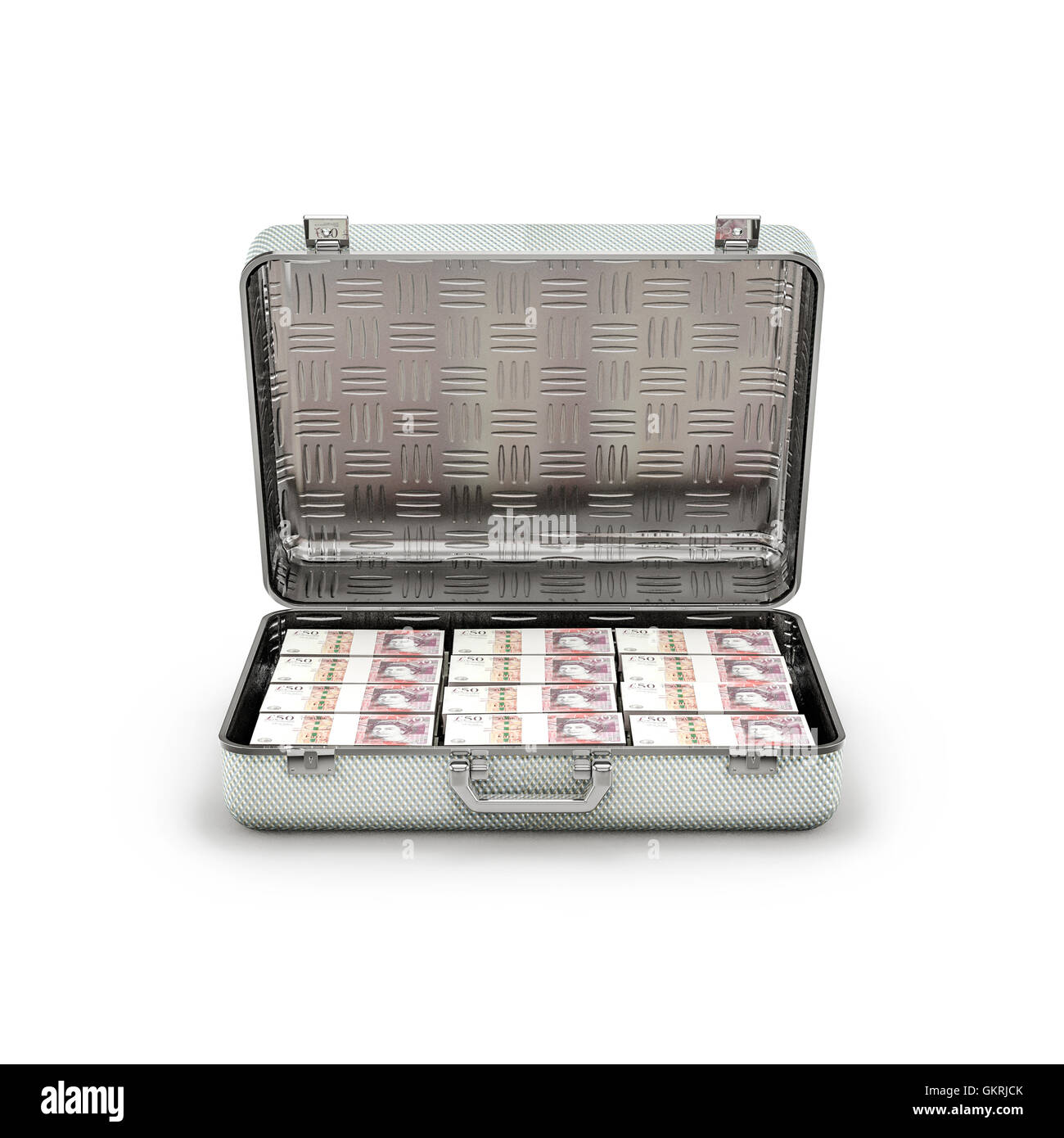 Rançon du porte-documents livres / 3D illustration de 50 pound notes dans metal briefcase Banque D'Images