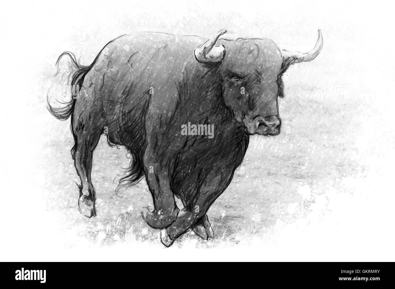 L'art du tatouage, bull dangereux avec des cornes à bec Banque D'Images