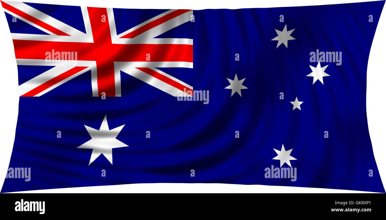 Pavillon de l'Australie dans le vent isolé sur fond blanc. Drapeau national australien. La conception symbolique patriotique. Rendu 3D Banque D'Images