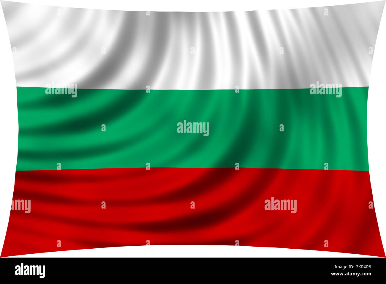 Brandissant le drapeau de la Bulgarie dans l'éolien isolé sur fond blanc. Drapeau national bulgare. La conception symbolique patriotique. Rendu 3D Banque D'Images