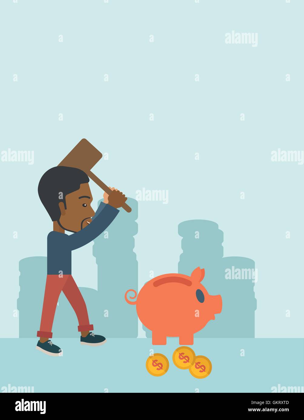 Black guy holding a hammer breaking piggy bank. Illustration de Vecteur