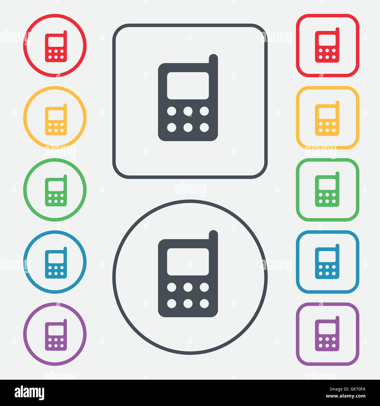 L'icône de téléphone mobile signe. symbole sur le boutons ronds et carrés avec le bâti. Vector Illustration de Vecteur