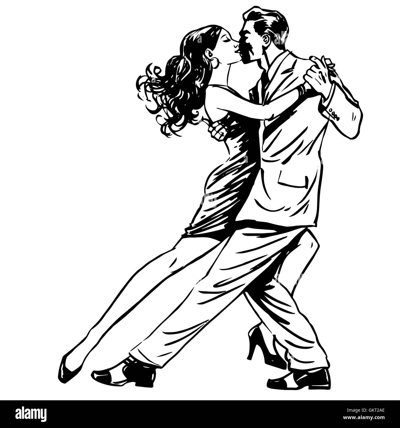 Kiss homme et femme couple dansant le tango d'art de la ligne rétro Illustration de Vecteur