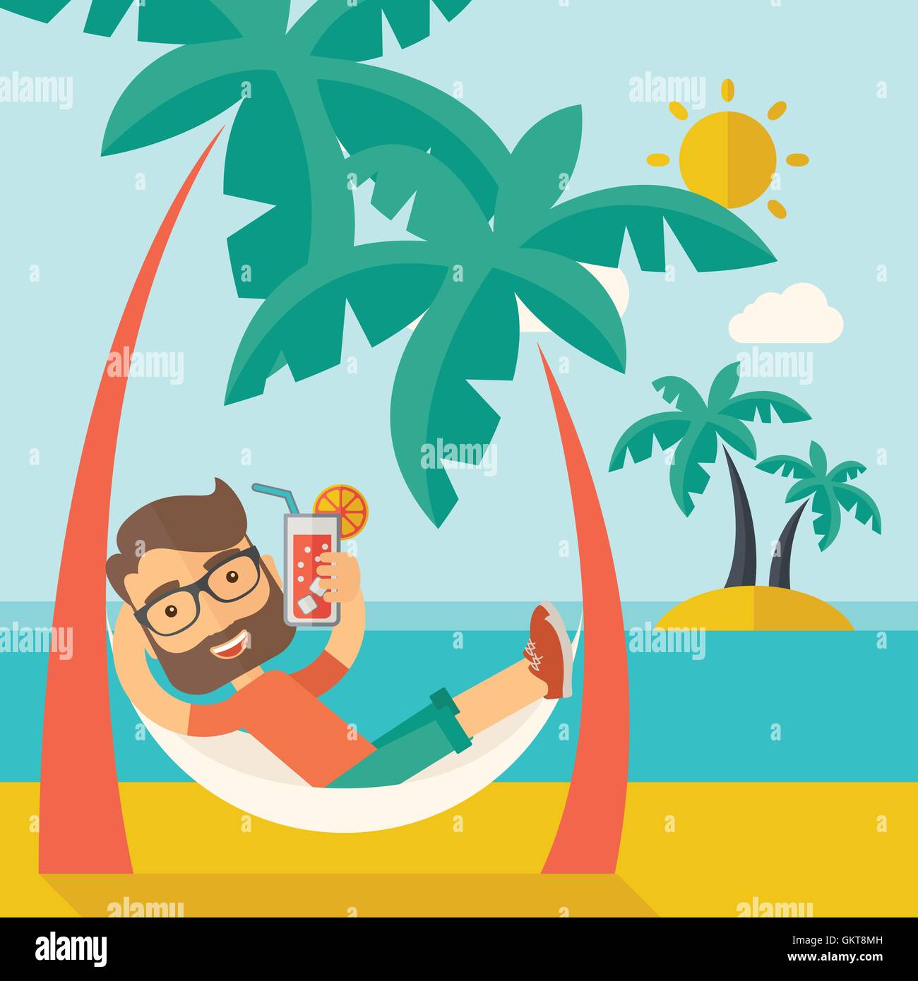 Jeune homme sur la plage e cocktail et relaxant. Illustration de Vecteur