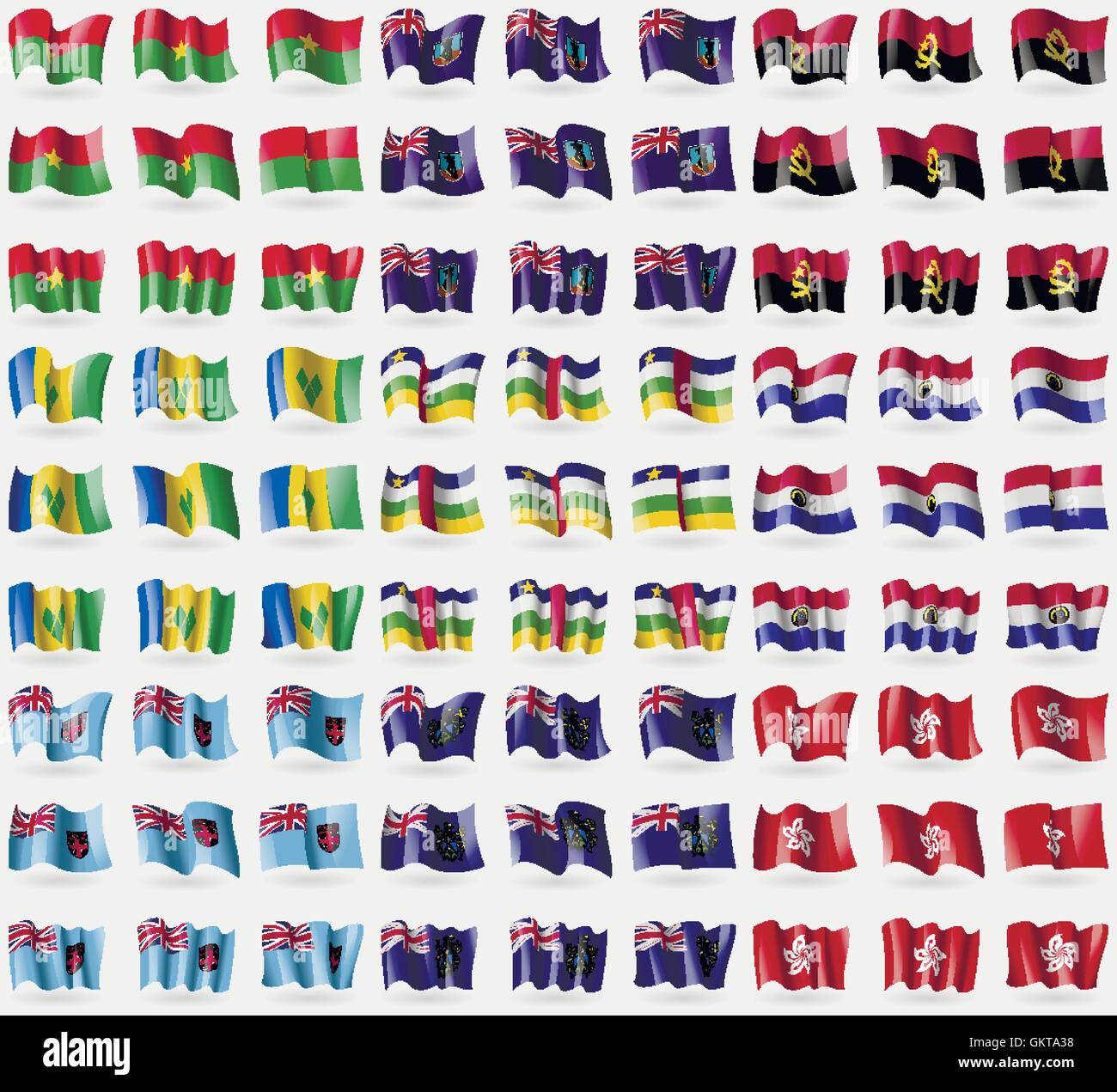 Burkia Faso, Montserrat, Angola, Saint Vincent et Grenadines, Paraguay, République centrafricaine, Fidji, Pitcairn, îles, Hong Kong. Grand ensemble de 81 drapeaux. Vector Illustration de Vecteur
