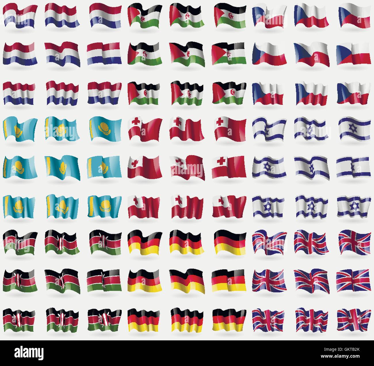 Pays-bas, au Sahara Occidental, en République tchèque, le Kazakhstan, Tonga, Israël, le Kenya, l'Allemagne, Royaume-Uni. Grand ensemble de 81 drapeaux. Vec Illustration de Vecteur