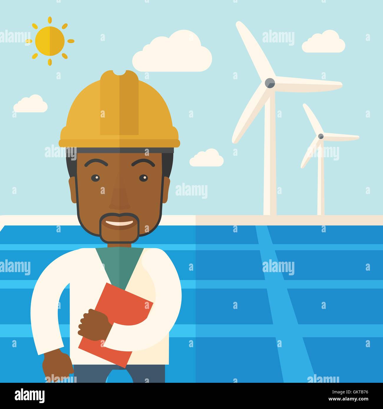 Homme noir à panneau solaire et moulins à vent. Illustration de Vecteur