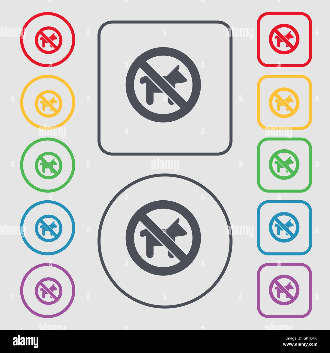 Promenade de chiens est interdite. L'icône symbole sur le boutons ronds et carrés avec le bâti. Vector Illustration de Vecteur