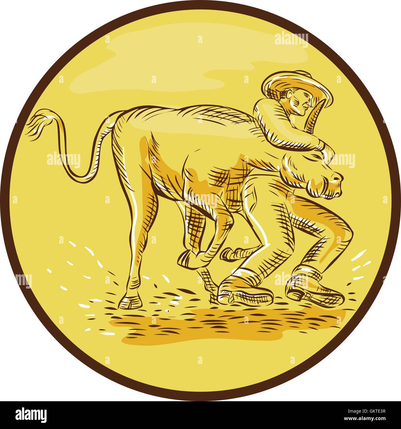 Rodeo Cowboy Steer wrestling Gravure Cercle Illustration de Vecteur