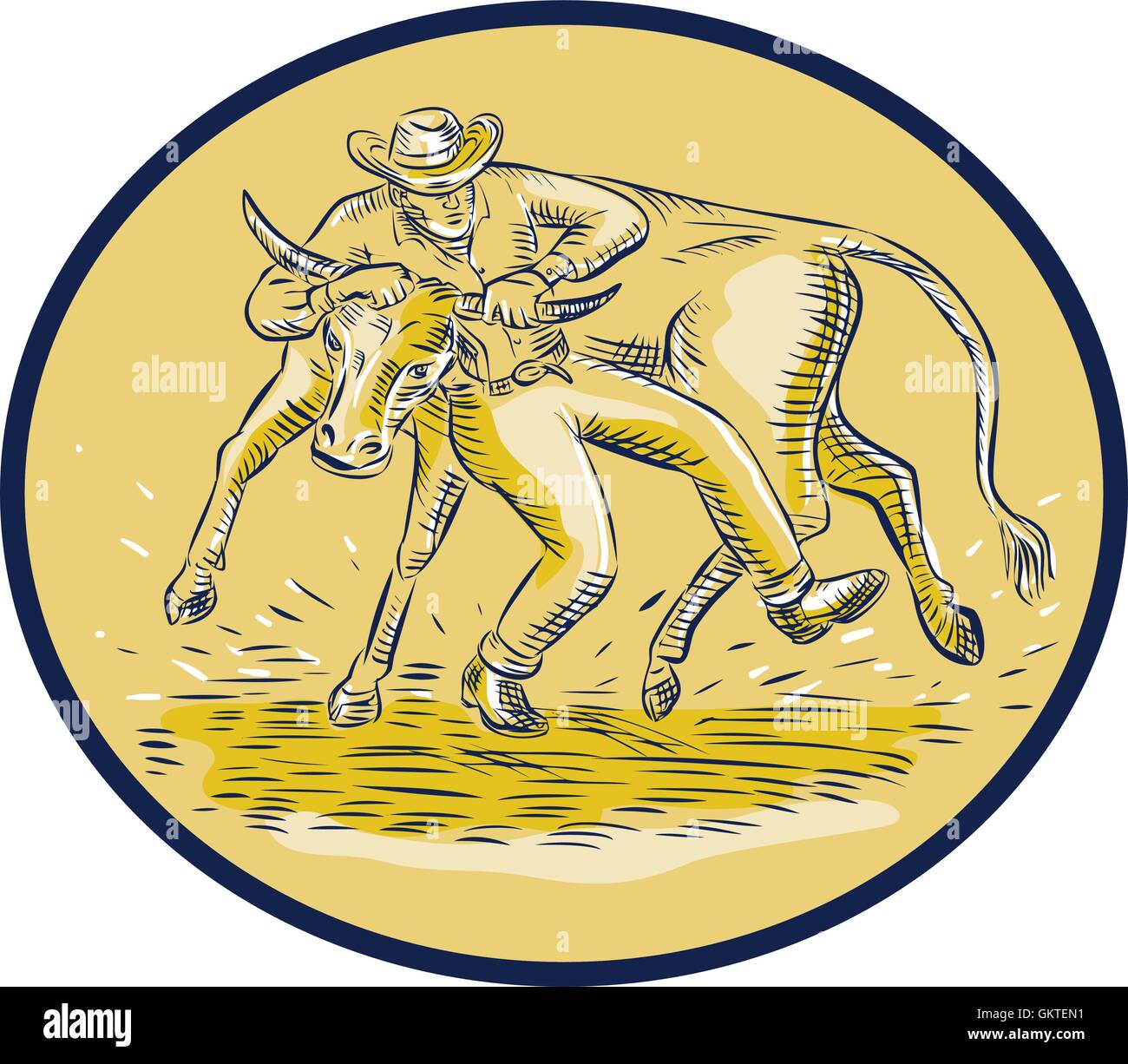 Rodeo Cowboy Steer wrestling Bull gravure Ovale Illustration de Vecteur