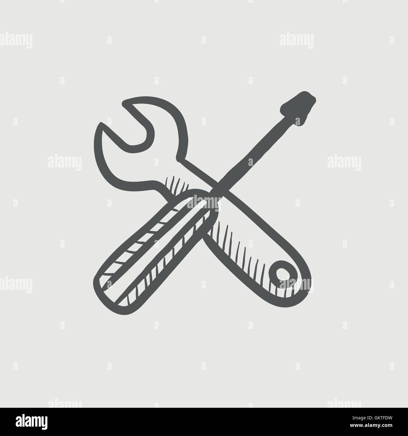 Tournevis et outils clé à l'icône de croquis Illustration de Vecteur