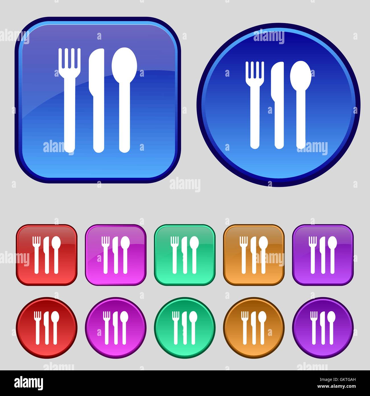 Fourchette, couteau, cuillère signe l'icône. Une série de douze boutons vintage pour votre conception. Vector Illustration de Vecteur