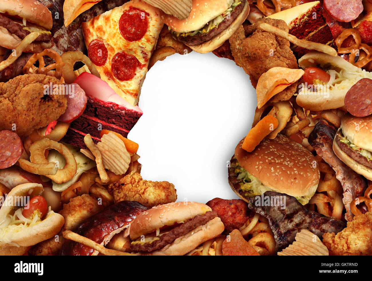 Manger des aliments gras et mauvaise alimentation concept santé avec un groupe de fast-food graisseux dans la forme d'une tête humaine symbole de la nutrition et de l'icône de style de vie dangereux d'accoutumance à risqué d'en-cas dans un style 3D illustration. Banque D'Images