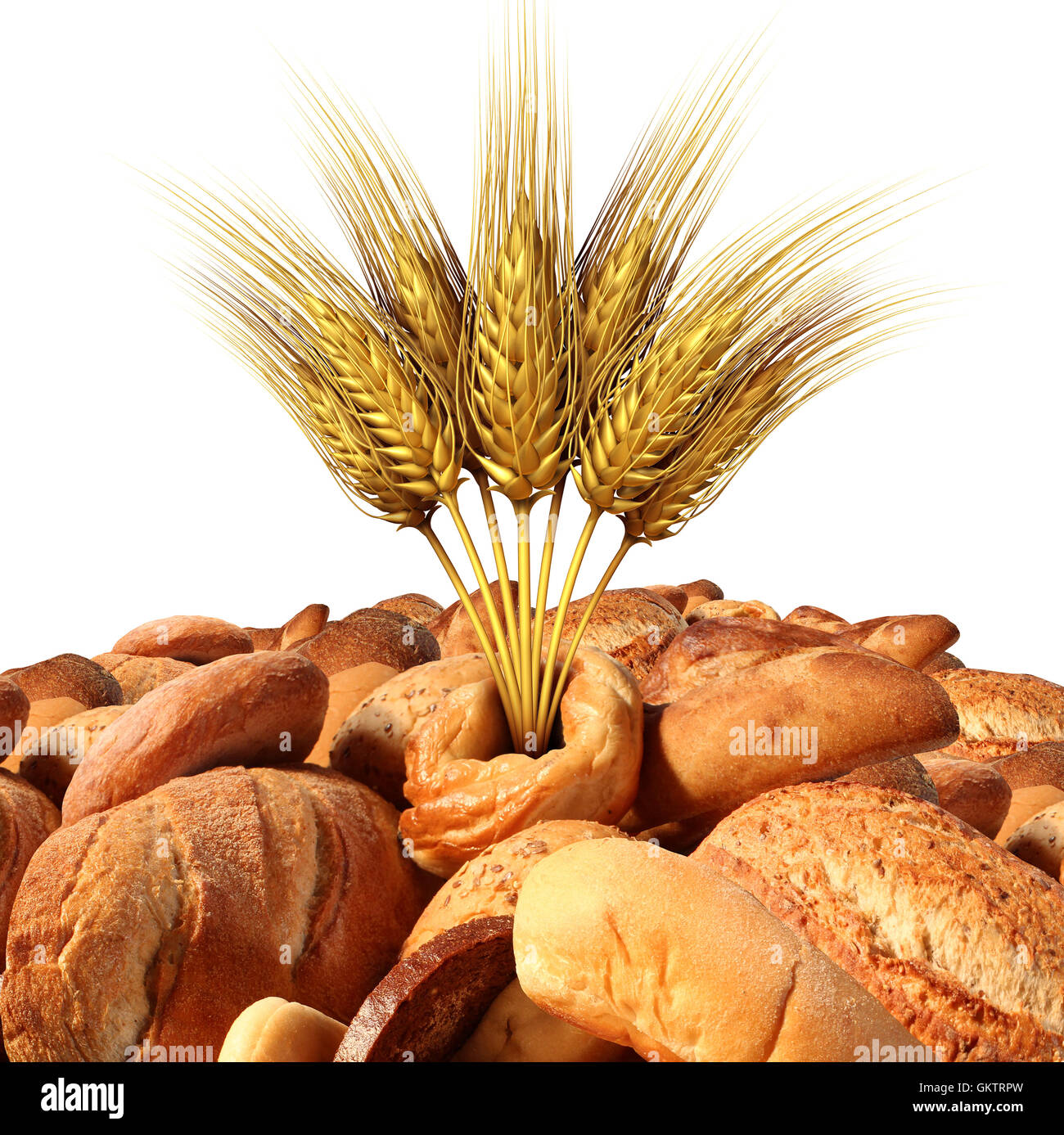 Le blé et le pain avec une variété de pâtisseries fraîches avec des grains et de l'avoine naturelle comme un symbole de l'alimentation et l'agriculture avec 3D illustration des éléments isolés sur un fond blanc. Banque D'Images