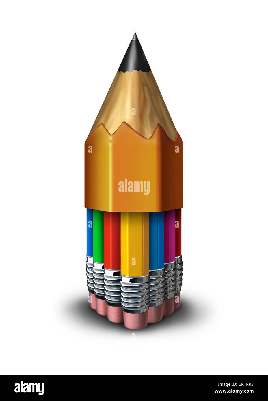 Groupe d'apprentissage et l'éducation de l'équipe concept autant de crayons divers regroupés dans une seule grande crayon comme symbole de l'union des étudiants de la faculté de l'école ou communauté vote travailler ensemble pour réussir en tant que 3D illustration. Banque D'Images