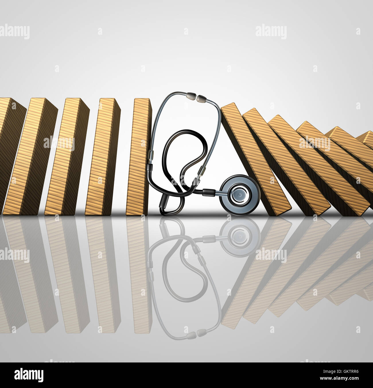 Symbole d'un traitement médical comme un médecin de l'hôpital arrêt stéthoscope pièces de domino de plus comme une métaphore pour traiter un patient avec un diagnostic approprié des symptômes comme un 3D illustration. Banque D'Images