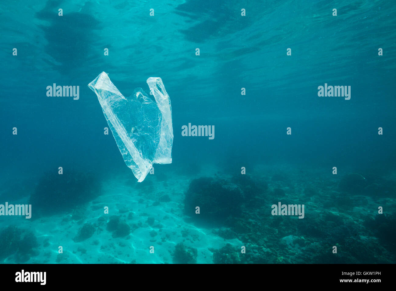 Sac en plastique à la dérive dans l'océan, Ambon, Moluques, Indonésie Banque D'Images