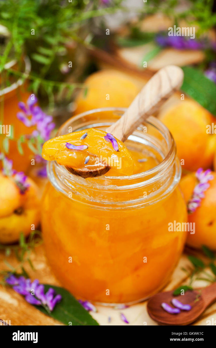 Pot de confiture d'abricot maison délicieux Banque D'Images