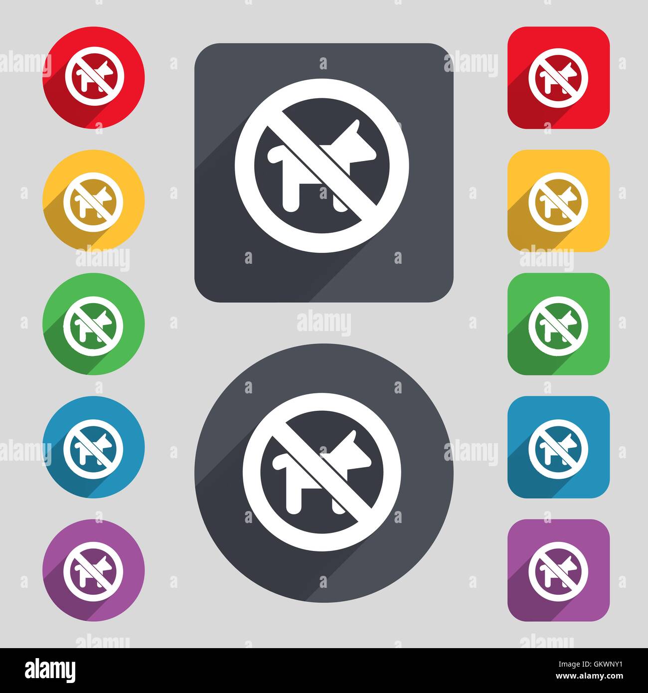 Promenade de chiens est interdit de se déconnecter icône. Un ensemble de 12 boutons de couleur et d'ombre. Modèle plat. Vector Illustration de Vecteur