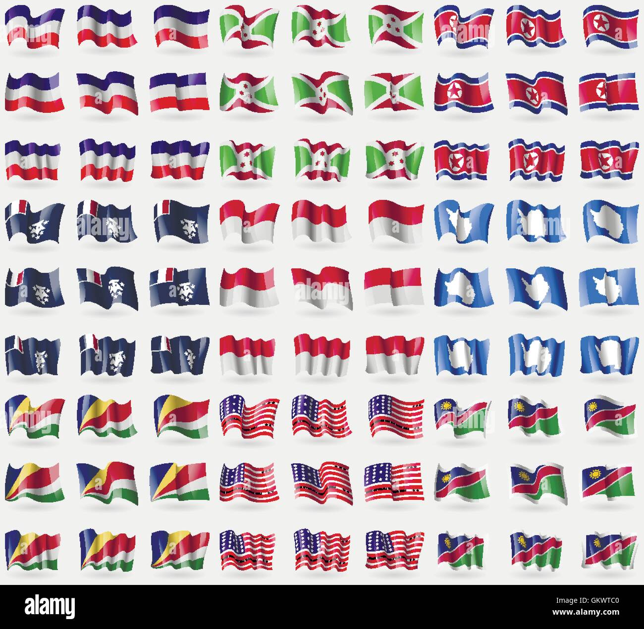 Los Altos, au Burundi, la Corée du Nord, le français et l'Antarctique, Monaco, l'Antarctique, les Seychelles, la Namibie, l'atoll de Bikini. Grand ensemble de 81 drapeaux. Vector Illustration de Vecteur