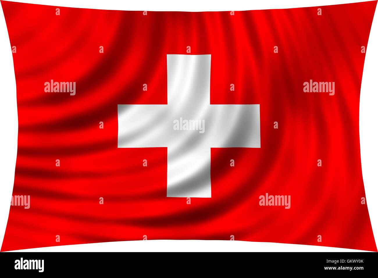 Drapeau de la Suisse en agitant dans vent isolé sur fond blanc. Drapeau national suisse. La conception symbolique patriotique. Rendu 3D Banque D'Images