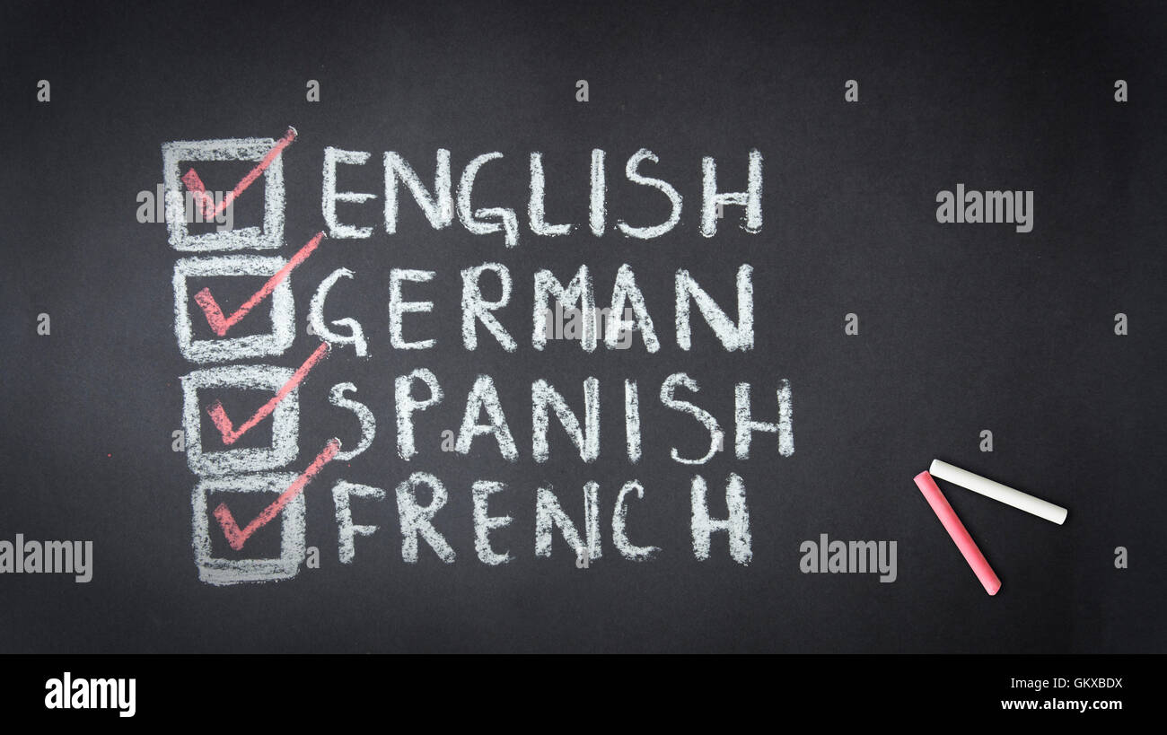 Anglais, Allemand, Espagnol, Français Dessin à la craie Banque D'Images