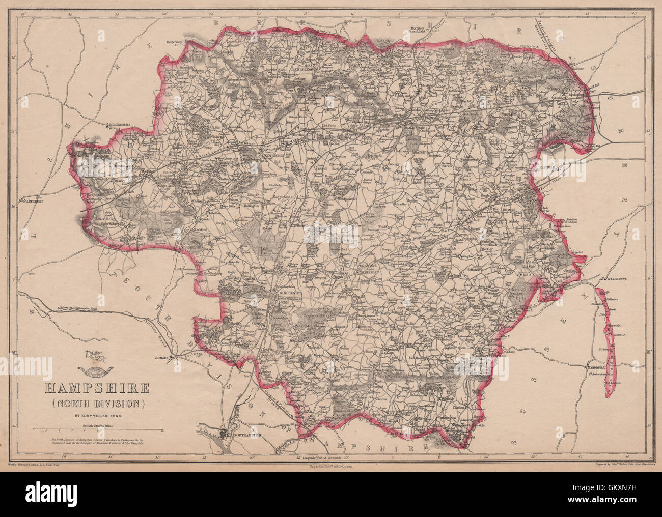 HAMPSHIRE. Basingstoke Winchester. Exclave. Chemins de fer. WELLER, 1863 map Banque D'Images