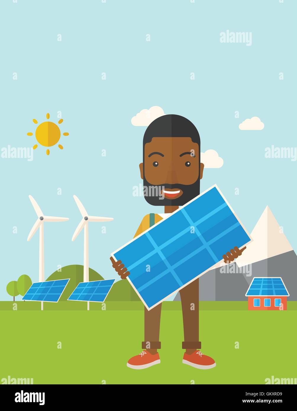 African man holding un panneau solaire. Illustration de Vecteur