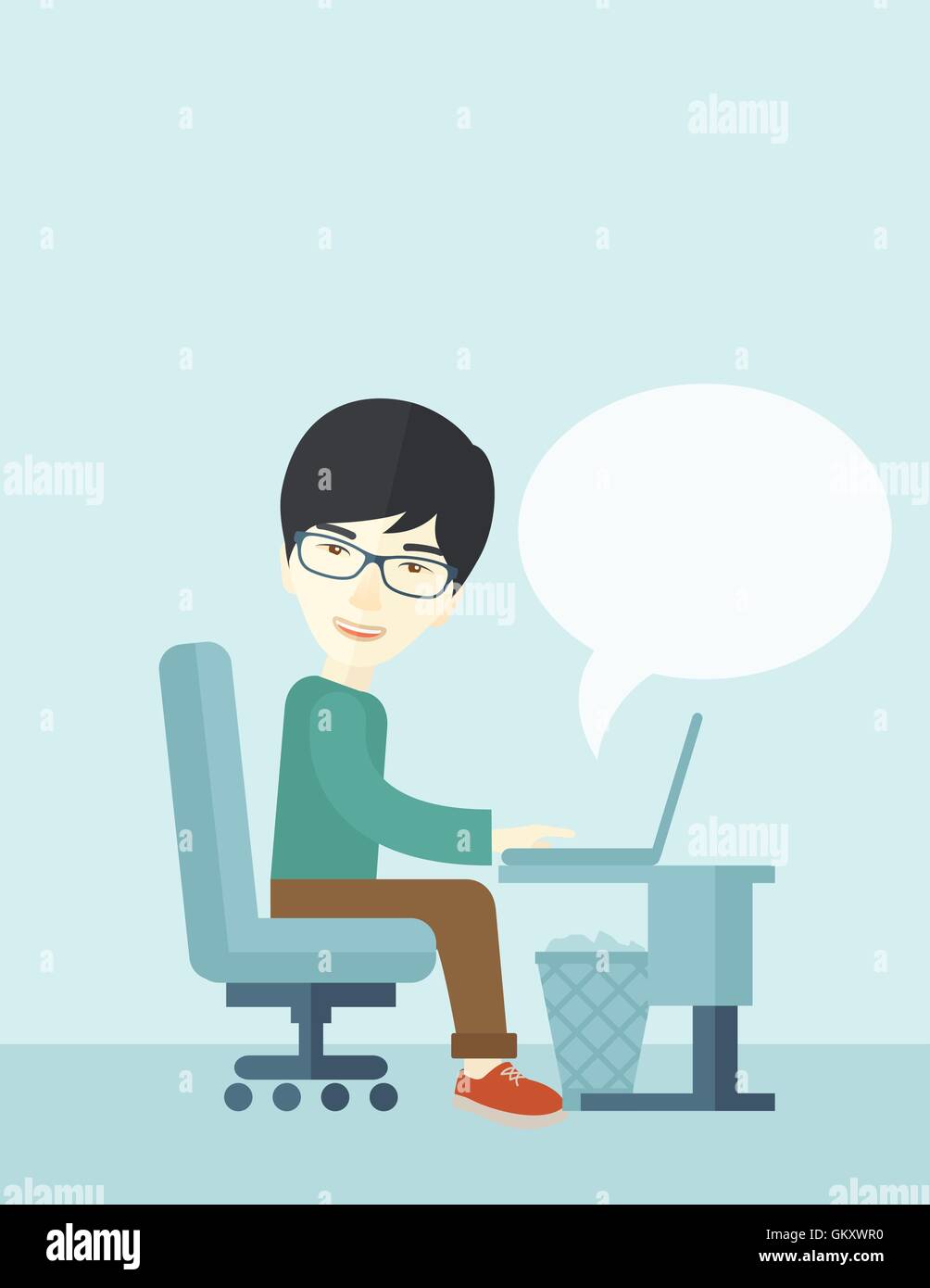 Chinese man sitting devant son ordinateur Illustration de Vecteur