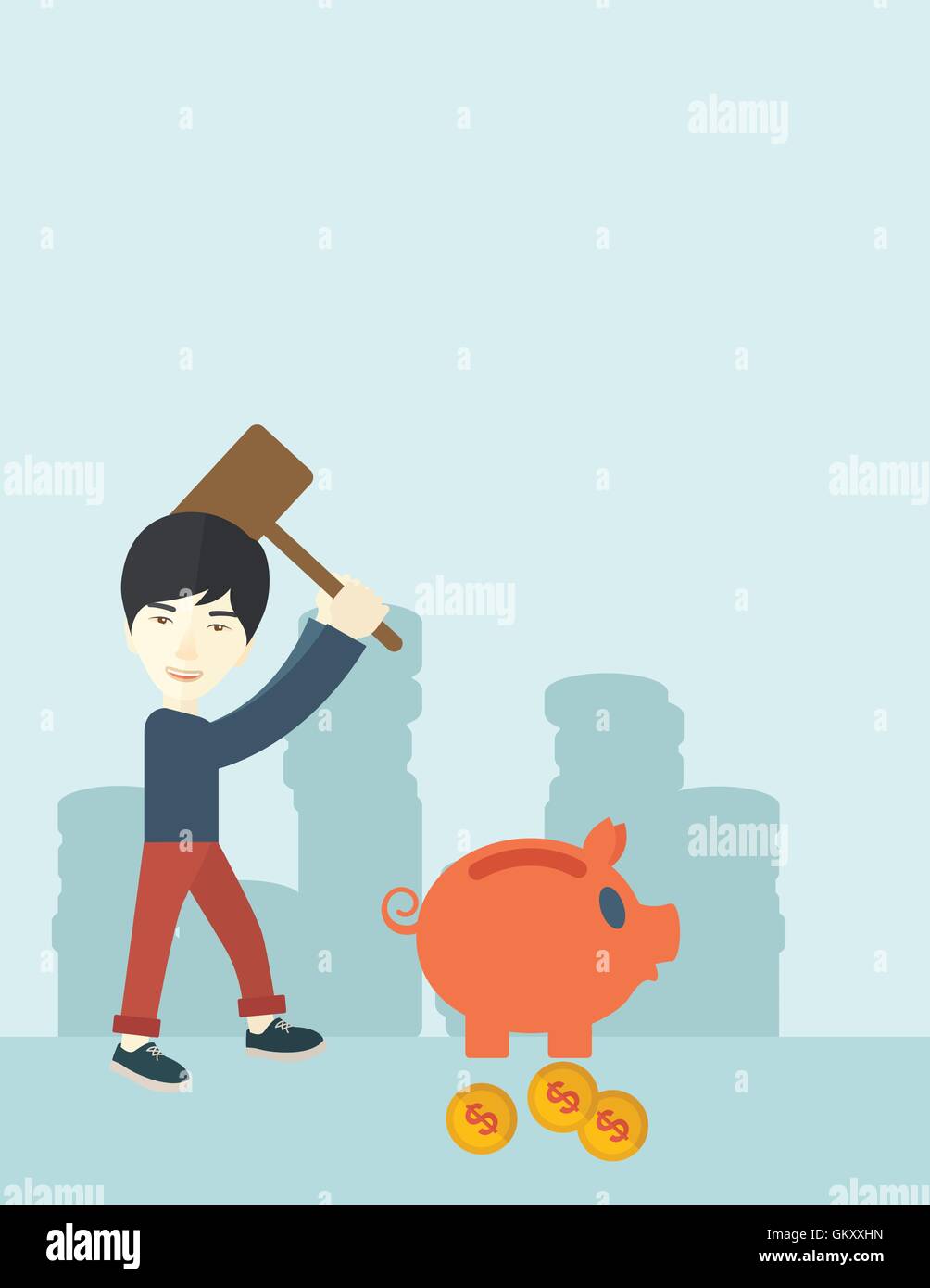 Chinese guy holding a hammer breaking piggy bank. Illustration de Vecteur