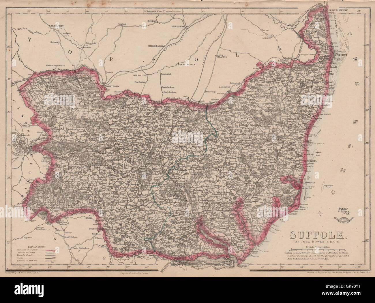 Le Suffolk. Carte du comté d'antiquités. Chemins de fer. Ipswich Bury St Edmunds. DOWER, 1863 Banque D'Images