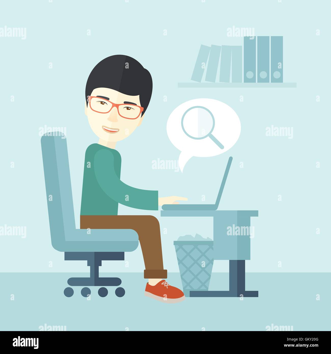 Chinese man sitting devant son ordinateur Illustration de Vecteur