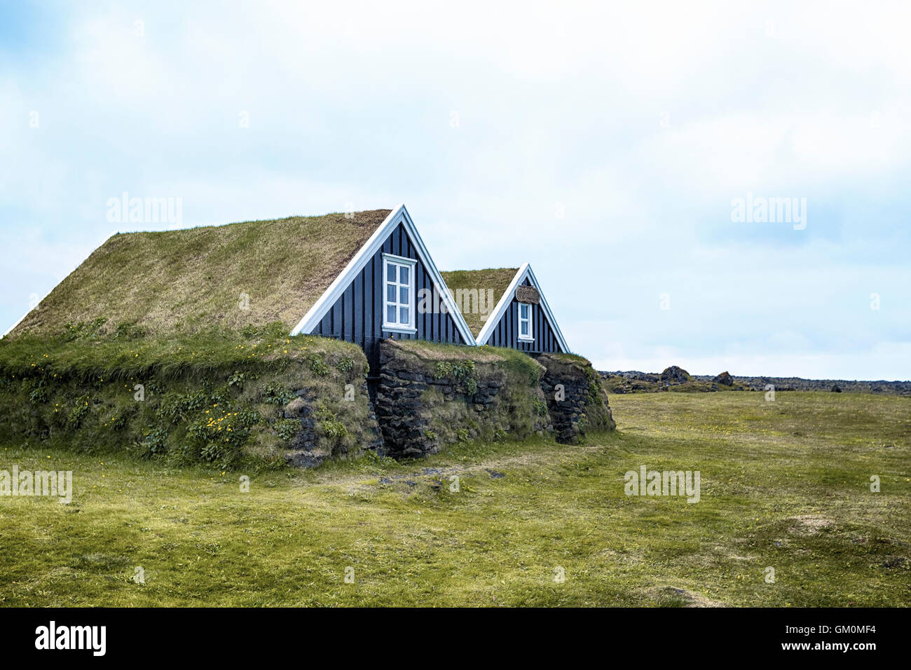 Gazon traditionnelles maisons de Hellisandur, Islande, de Snæfellsnes Banque D'Images
