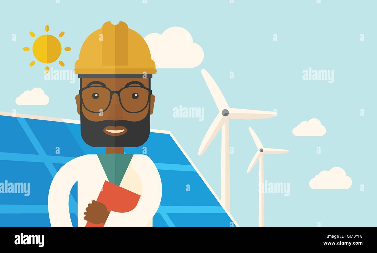 Homme noir à panneau solaire et moulins à vent. Illustration de Vecteur