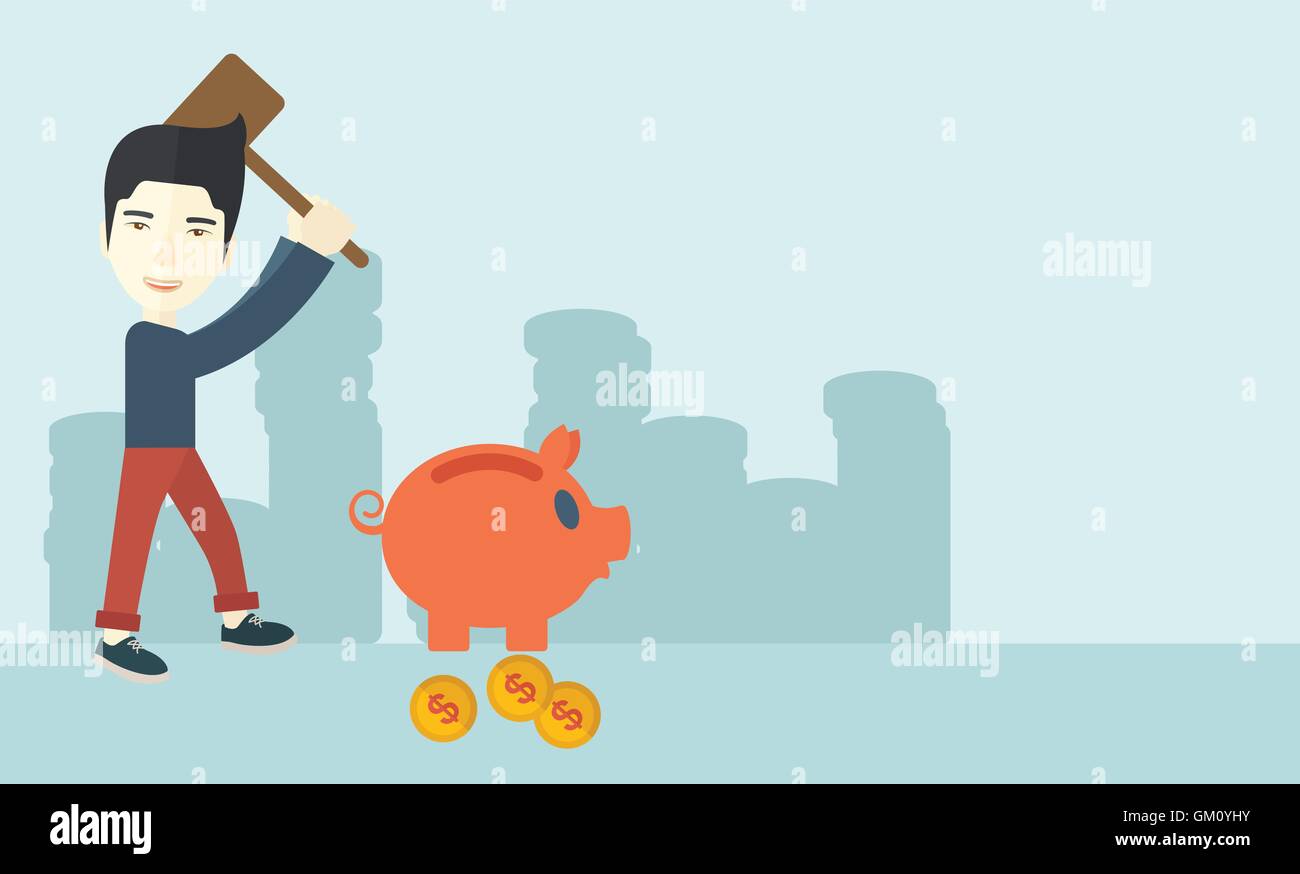 Chinese guy holding a hammer breaking piggy bank. Illustration de Vecteur