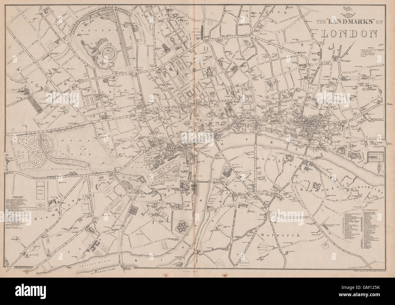 Monuments de Londres. Cinémas Clubs Églises bâtiments publics. WELLER, 1863 map Banque D'Images