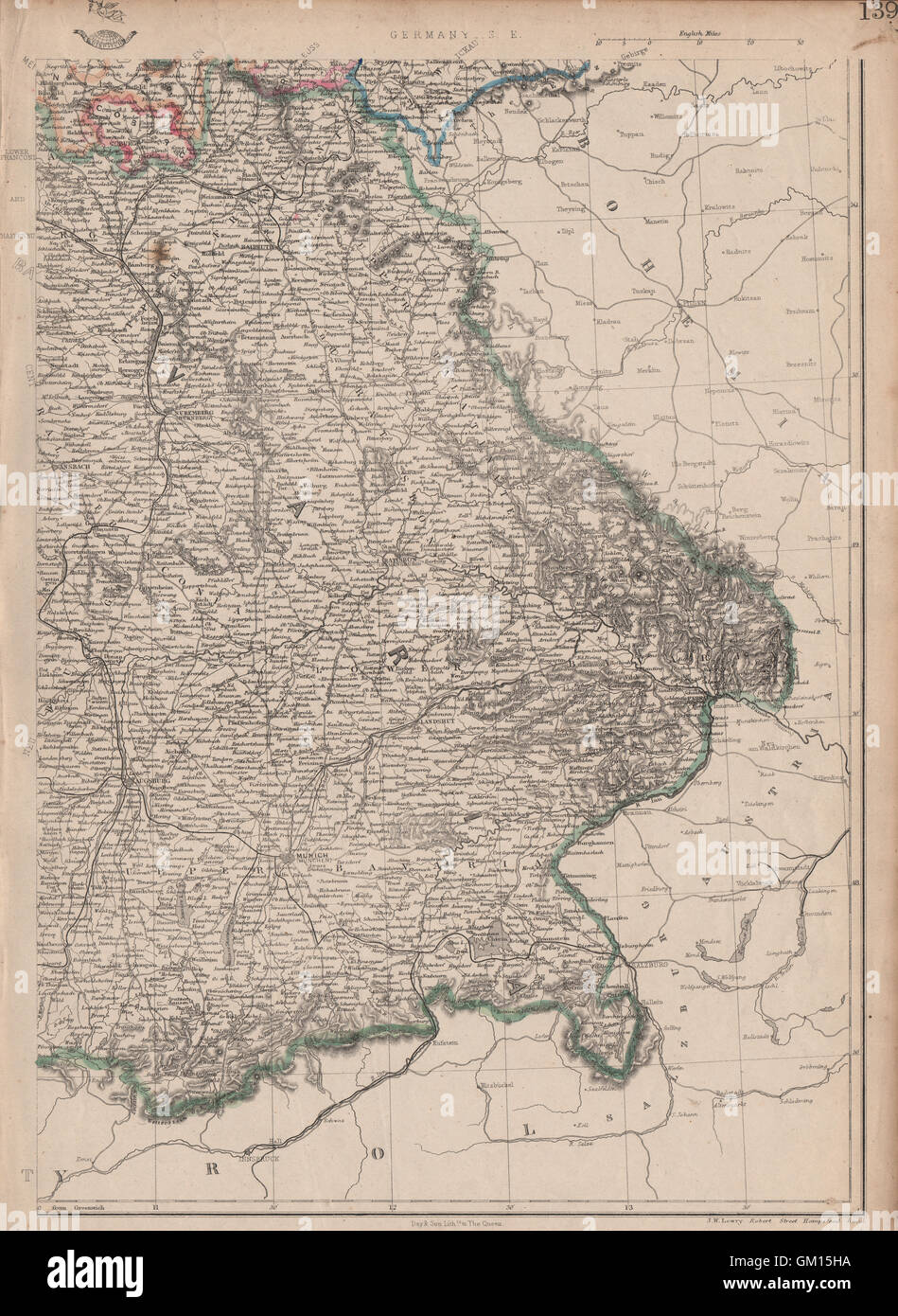 Sud-est de l'Allemagne. Bavière Bayern. Chemins de fer. Munchen Munich. JW Lowry, 1863 map Banque D'Images